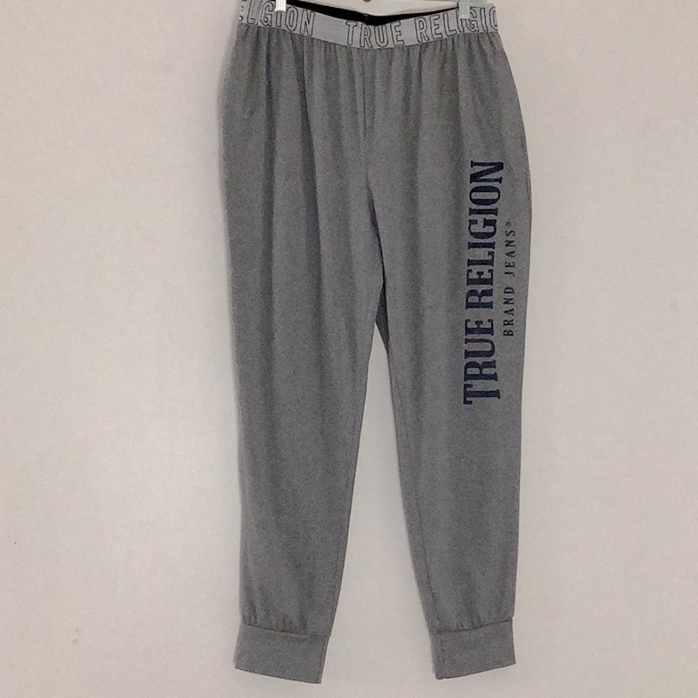 True Religion Gray SpellOut Lounge Pants Pockets Metallic Waistband Unisex